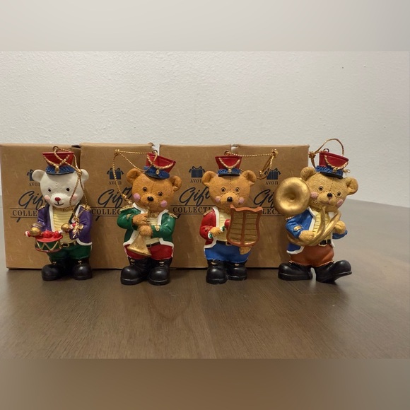 Full set of 4 vintage 1990 Avon Strike Up The Band Teddy Bear Christmas Ornament - Picture 1 of 7